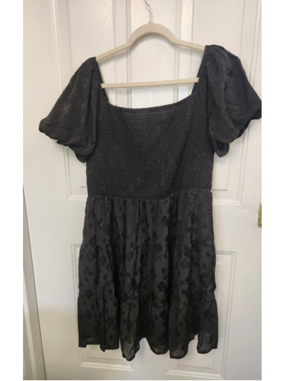 Fashion Black Floral Puff Sleeve Mini Dress XXL